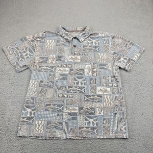 Vintage Crazy Shirts Hawaiian Polo Shirt‎ Mens Large Blue Fish Print Cotton 90s
